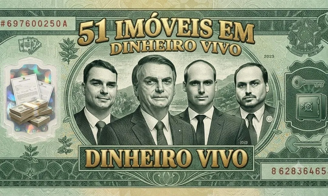 Cédula fictícia em tons de verde com os retratos da família Bolsonaro ao centro. Nos dizeres: “51 imóveis em dinheiro vivo”.