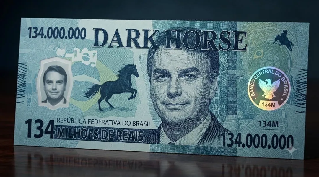 Cédula fictícia azul de 134 milhões de reais, com um cavalo preto a galope e o retrato de um homem de terno. No alto, em letras grandes: “Dark horse”.