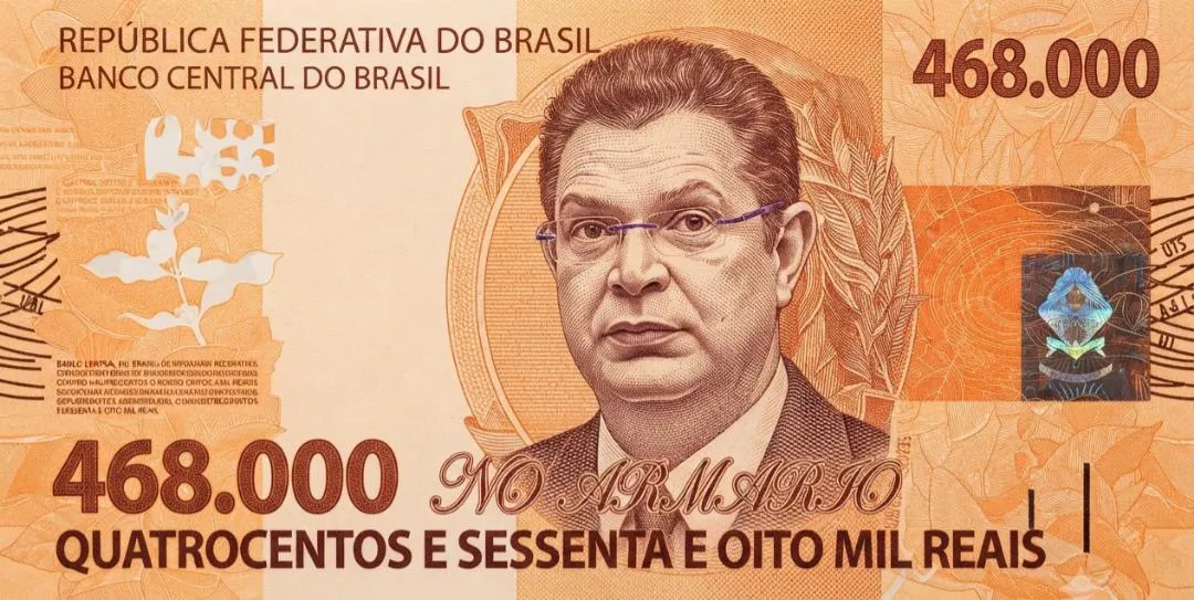 Cédula fictícia alaranjada de quatrocentos e sessenta e oito mil reais, com o retrato de um homem de óculos e a inscrição “no armário”.