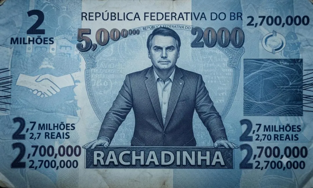 Cédula fictícia azul com o retrato de um homem de terno, cifras espalhadas e a palavra “rachadinha” em destaque.