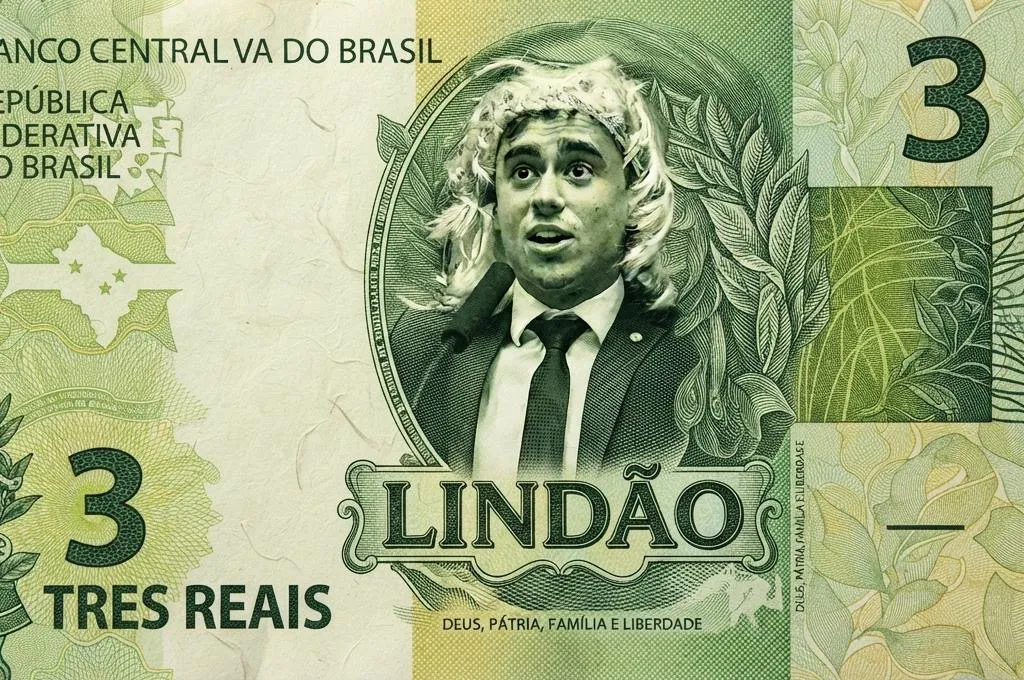 Cédula fictícia verde de três reais, com o retrato de um homem de peruca loira e a inscrição “lindão”. No rodapé: “Deus, pátria, família e liberdade”.