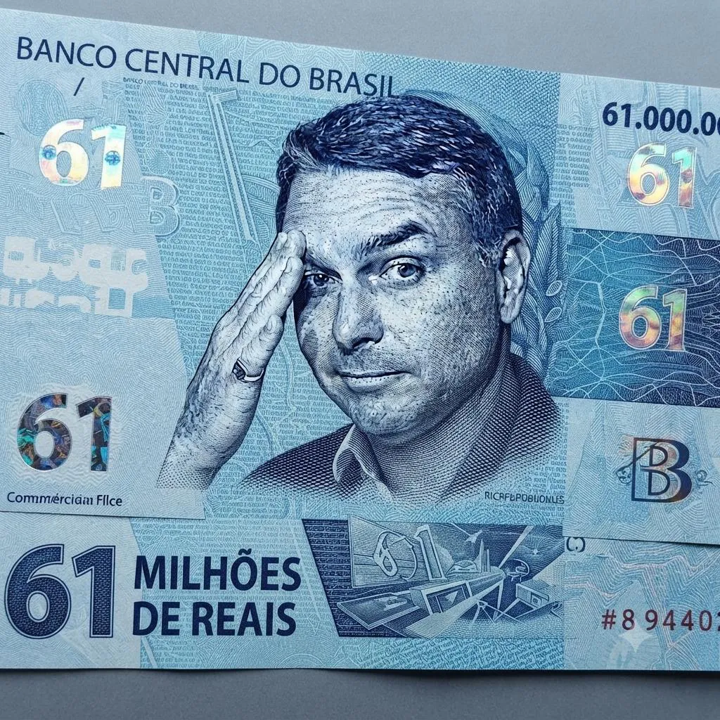 Cédula fictícia azul de sessenta e um milhões de reais, com o retrato de um homem levando a mão à testa.