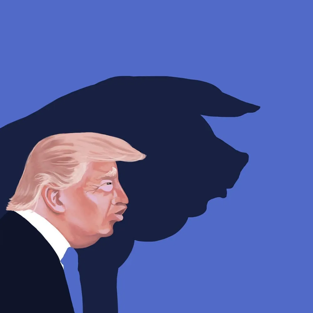 Sobre fundo azul, o perfil pintado de Donald Trump projeta uma sombra muito maior que ele, em azul escuro, ocupando quase todo o quadro.